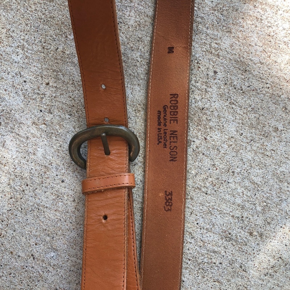 Vintage‎ Robbie Nelson Tan Leather Belt Bronze Buckle Designer Size Medium